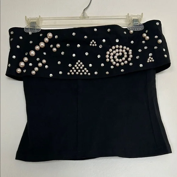 Vintage Black Strapless Top with Pearl and Rhinestone Embellishments Size Medium - Picture 1 of 3